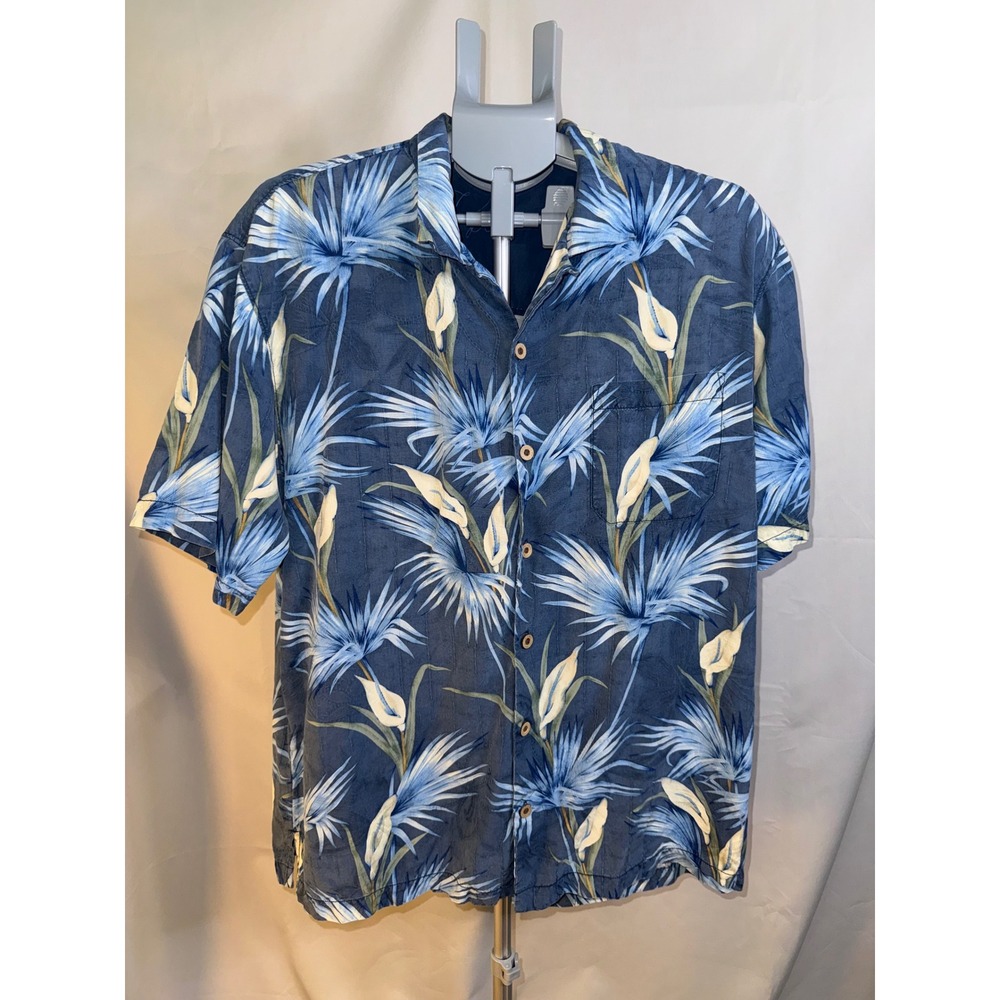 Tommy Bahama Mens Blue Silk Floral Palm Leaf Camp‎ Shirt Short Sleeve Large